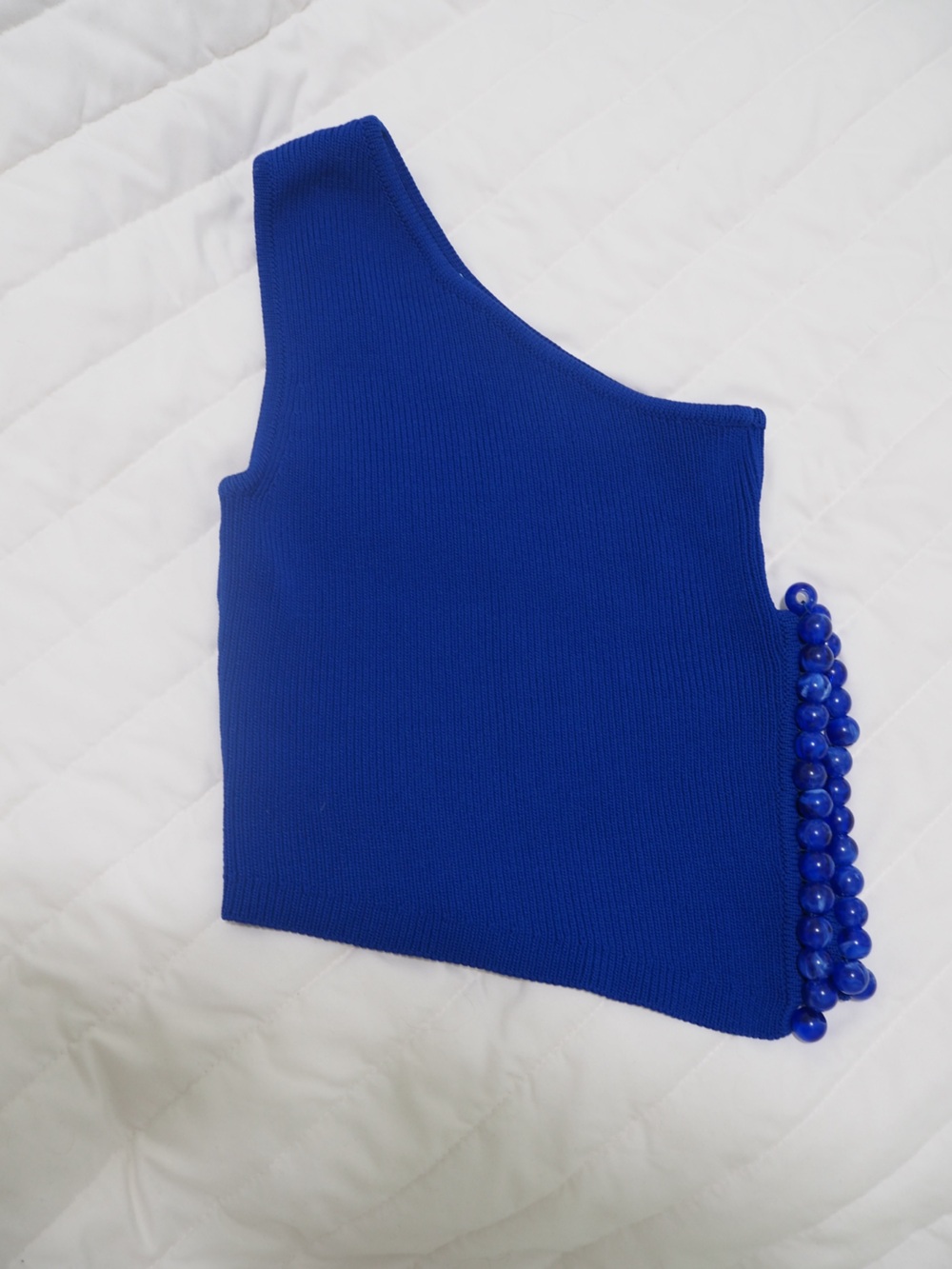 ZARA Cobalt Royal Blue Ribbed Knit One Shoulder Beaded Trim Tank Top - Size S